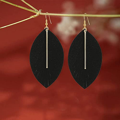 YUNXI Large Genuine Soft Leather Handmade Fringe Feather Lightweight Leaf with Simple Drop Metal Bar Tear Drop Dangle Color Earrings for Women - color: Black