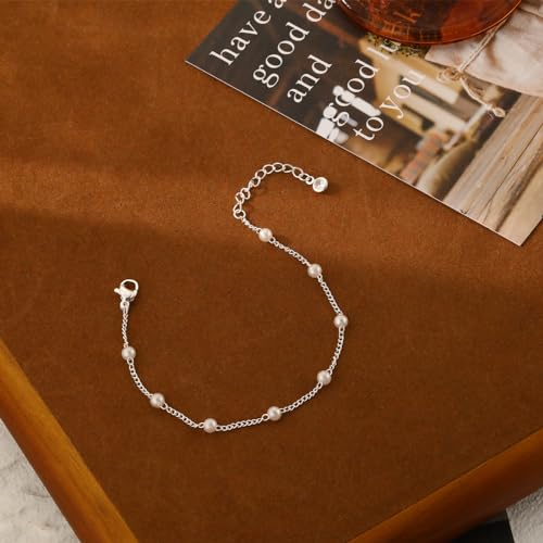 BERISO Gold/Silver Pearl Bracelets - 14K Gold Plated Dainty Pearls Beaded Chain Heart Bracelets - style: Pearl-Silver