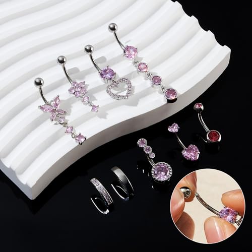 9PCS Belly Button Ring Dangle Stainless Steel Belly Rings 14G 1.6MM Belly Piercing Cute Navel Ring Piercing Jewelry Belly Ring for Women - color: 9PC Pink Set