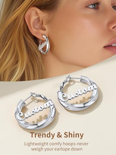 FindChic Twisted Hoop Earrings for Women, Silver/Black/14K Gold Plated Hypoallergenic Hollow Tube Rounded Loop Earrings, 30mm/40mm/60mm/80mm Hoops with Custom Name Options and Gift Box - color: e.Silver (Custom Name), size: 30MM