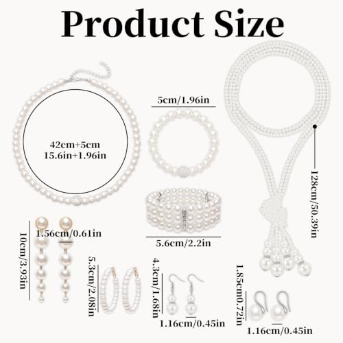 8pcs Faux Pearl Jewelry Set Elegant Pearl Earring and Necklace Set | 1920s retro style, 8 mix-and-match wearable piece, lightweight all-day wear, all-scene applicable, wedding bridal shower gift