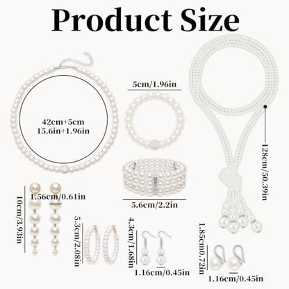 8pcs Faux Pearl Jewelry Set Elegant Pearl Earring and Necklace Set | 1920s retro style, 8 mix-and-match wearable piece, lightweight all-day wear, all-scene applicable, wedding bridal shower gift