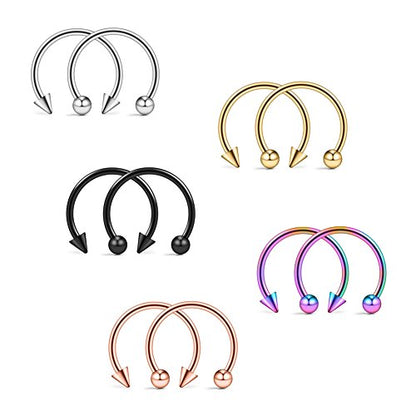 Ruifan 10-24PCS 16G Surgical Steel Nose Septum Horseshoe Hoop Earring Eyebrow Tragus Lip Piercing Ring - style: 10mm w Balls&Spikes
