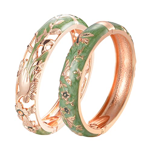 UJOY Cloisonne Indian Bangle Colored Crystal Plated Hinge Cuff Bracelet Hollowed Bird Enamel Jewelry Gift 55C49 - color: 2 Pcs/set-Bird-Green