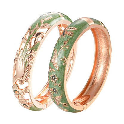 UJOY Cloisonne Indian Bangle Colored Crystal Plated Hinge Cuff Bracelet Hollowed Bird Enamel Jewelry Gift 55C49 - color: 2 Pcs/set-Bird-Green