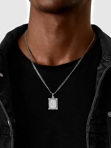 U7 Initial Letter Necklace for Men Women, 14K Gold/Silver Plated Square Capital Monogram Pendant Necklace from A-Z with 22+2 Inch Figaro Chain, Personalized Jewelry for Him - color: Silver, style: O