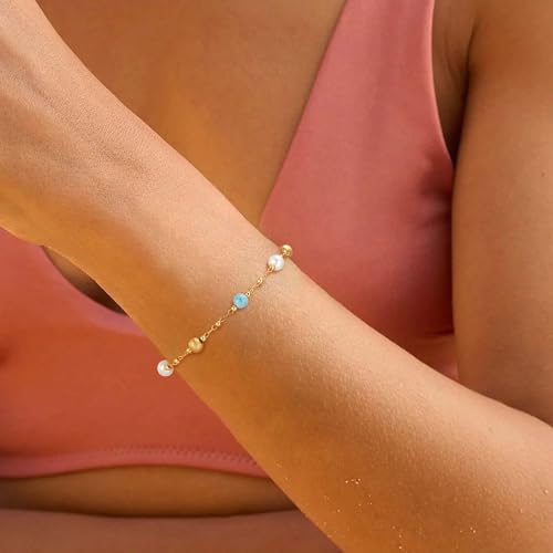 Gold Chain Bracelet for Women, 14K Gold Plated | Dainty Bracelets with Adjustable Chain, Trendy Jewelry Gift for Women - style: turquoise pearl