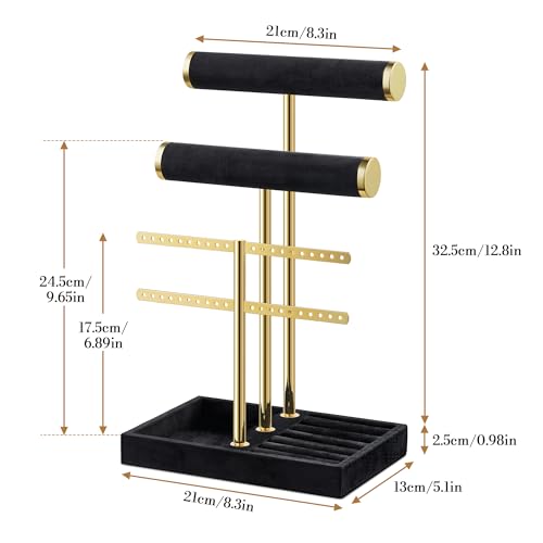 Bracelet Holder Jewelry Organizer Display - 3 Tier T Bar Velvet Stand, Black Jewelry Storage for Bracelet, Necklaces, Earrings, Rings, Watches - color: Black