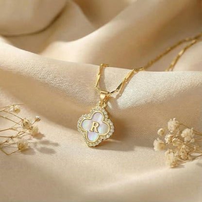 LETFLY 14K Four Leaf Clover Natural Shells Initial A-Z Necklaces for Women - color: Gold, style: Letter R