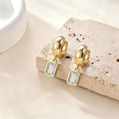 Gold Chunky Dangle Earrings for Women, Bezel Set Cubic Zirconia Charm | 14K Gold Silver Plated, Statement Huggie Hoops Drop Earrings, Trendy Jewelry Gifts, High Grade CZ, Hypoallergenic Lightweight - color: GD-Rectangular CZ Hoop