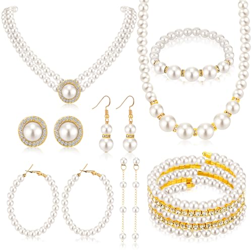 Bonuci 12 Pcs Women Pearl Jewelry Set Pearl Necklace Bracelet Earrings with Rhinestone for Wedding Birthday Bridal Tea Party - style: Novel Style