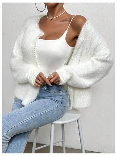 SOLY HUX Women's Fuzzy Open Front Cardigan Elegant Pearl Long Sleeve Dressy Casual Sweaters Outerwear - size: X-Large