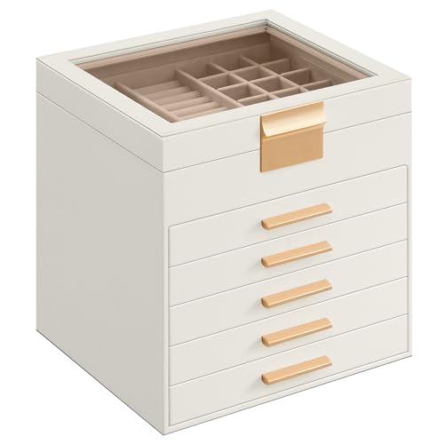 SONGMICS GISELLA Collection - Jewelry Box Organizer with Glass Lid, 6-Layer Jewelry Storage, with 5 Drawers, Modern Style, 8 x 9.1 x 9 Inches, Cloud White and Gold Color UJBC176W01 - color: Cloud White + Gold, size: 6 Layer (8"d X 9.1"w)