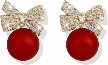 Gold Bow Earrings for Women, Long Tassel Chain Drop Earrings, Trendy Small Bow Earrings, Ribbon Waterfall Dangling Earrings, Pearl Bow Earrings, Sparkly Elegant Bowknot Preppy Jewelry Gifts for Women - color: Red-Q