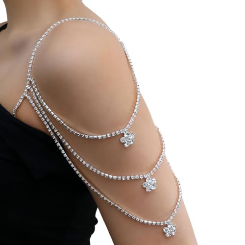 Rhinestone Shoulder Chain Jewelry - Crystal Tassel Arm Strap for Sexy Festival Rave - Bra Chain Bridal Lingerie Jewelry for Women - color: Rhineston& silver