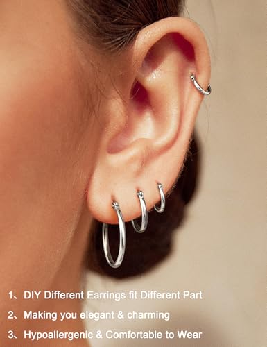ORAZIO Stainless Steel Hoop Earrings Set Huggie Earrings for Women | Hypoallergenic Thin Small Non Tarnish Lightweight Dainty Trendy 10-20MM Women Stacks Multiple Piercing Jewelry Gift - style: Silver Plated,4 pairs