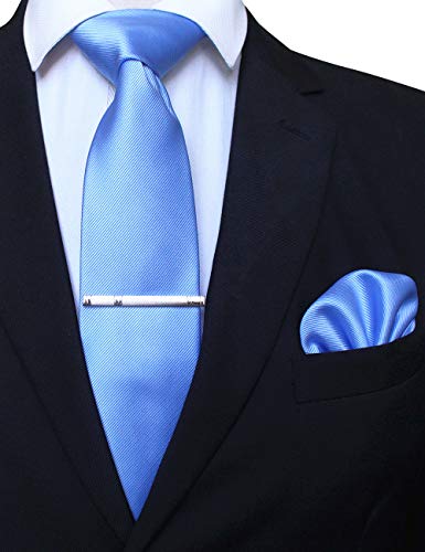 JEMYGINS Solid Color Formal Necktie and Pocket Square Tie Clip Sets for Men - color: Baby Blue
