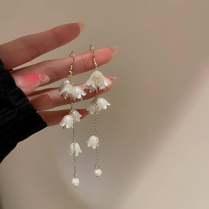 Kruckel Long Dangle Earrings for Women, White Floral Pearl-Inspired | Pearl Drop Earrings, Lightweight Gold-Tone Jewelry for Weddings, Parties, Bridesmaids, Birthdays and Occasion Gifts - color: White Gold D
