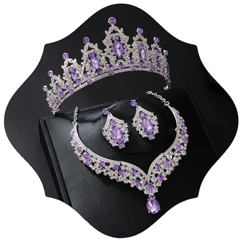 Tiaras and Crowns for Women,Tiaras Earrings Necklace, Crystal Bridal Jewelry Set - color: Purple