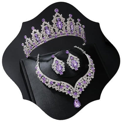 Tiaras and Crowns for Women,Tiaras Earrings Necklace, Crystal Bridal Jewelry Set - color: Purple