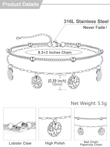 U7 Silver/Gold/Black Ankle Bracelets for Women Layered Chain Anklets | Stainless Steel Anklets Waterproof Summer Beach Anklet Charm, Adjustable 8.5"-10.5",Layered Anklet Fashion - color: Silver - Ball Chain+Paperclip Chain