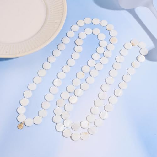 Firstmeet Flat Round Coin Shell Beads Long Knotted Necklace Natural Mother of Pearl Handmade Jewelry For Women - color: White