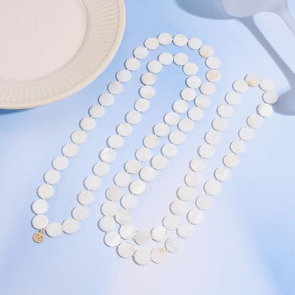 Firstmeet Flat Round Coin Shell Beads Long Knotted Necklace Natural Mother of Pearl Handmade Jewelry For Women - color: White