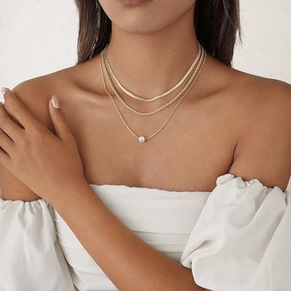 Layered Gold Necklace Set for Women Dainty Waterproof Cute Choker | 14K Gold Plated Minimalist Non Tarnish Lightweight CZ Pendant Pearl Twist Paperclip Chain Jewelry Gifts - style: 3PCS-Snake chain + Pearl-GD