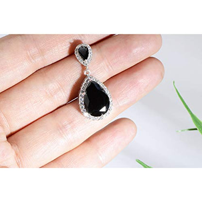 Bridal Jewelry Set for Wedding - 18k Plated Teardrop CZ Crystal Cubic Zirconia Rhinestone Necklace Earrings Set for Bride Bridesmaids Mother of Bride Party Prom Birthstone Costume Jewelry - color: Dec-Black Zircon
