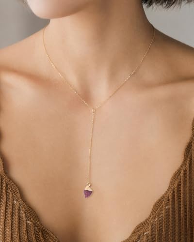 Lariat Necklace for Women Dainty Gold Long Crystal Drop Y-Shaped Necklace | 14k Gold Plated Crystal Drop Necklace Trendy Non Tarnish Simple Gold Jewelry For Wedding, Prom, Daily - color: Ruby