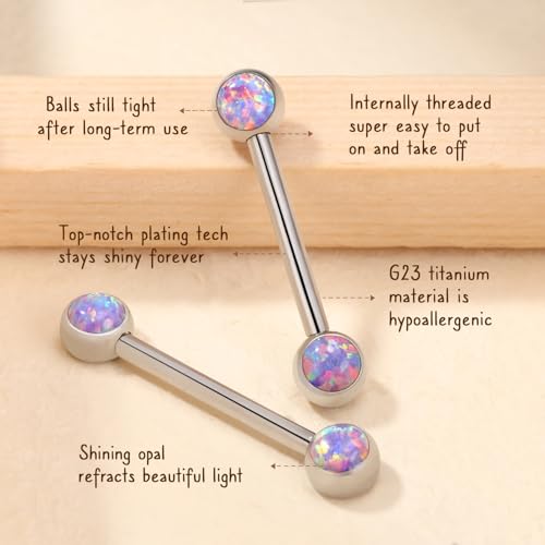 AROWRO Nipple Piercing Jewelry Nipple Rings Titanium Nipple Rings Implant Grade Hypoallergenic 14G Internally Threaded Straight Barbells with Cubic Zirconia Opal Gold Silver Rose Gold Black 12mm 14mm 16mm 18mm 20mm - color: Silver+Purple Opal
