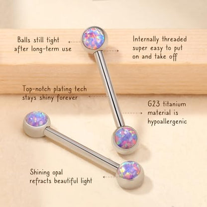 AROWRO Nipple Piercing Jewelry Nipple Rings Titanium Nipple Rings Implant Grade Hypoallergenic 14G Internally Threaded Straight Barbells with Cubic Zirconia Opal Gold Silver Rose Gold Black 12mm 14mm 16mm 18mm 20mm - color: Silver+Purple Opal