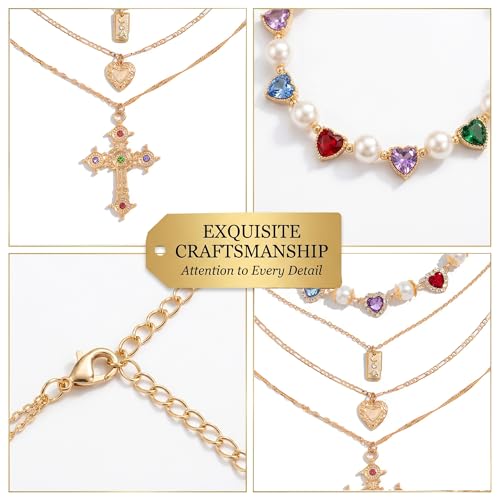 Gold Cross Layered Necklaces for Women,Colorful Crystal Drop Necklace,Gold Cross Pendant Necklace Stack,Fashion Long Tassel Chest Chain Jewelry Layered Rhinestone Neck Chain Accessories - color: Gold-3