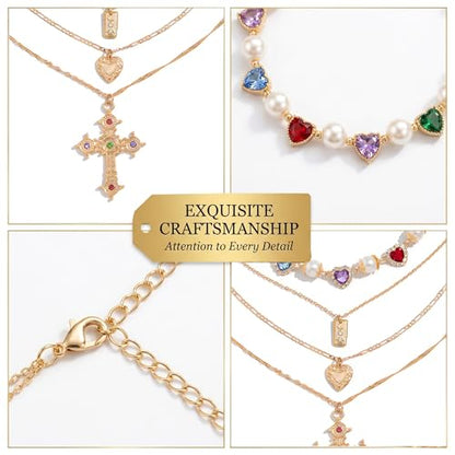 Gold Cross Layered Necklaces for Women,Colorful Crystal Drop Necklace,Gold Cross Pendant Necklace Stack,Fashion Long Tassel Chest Chain Jewelry Layered Rhinestone Neck Chain Accessories - color: Gold-3