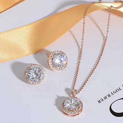 Bridal Crystal Jewelry Set - Sterling Silver Round Cubic Zirconia CZ Rhinestone Halo Birthstone Pendant Necklace Stud Earrings Set for Wedding Bride Bridesmaids Birthday Gift - color: Rose Gold