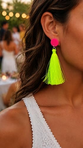 80s 90s Neon Tassel Dangle Earrings, Long Colorful Fringe Drop Earrings for Women, Retro Costume Jewelry for Party & Festival