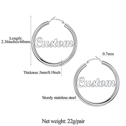 FindChic Hoop Earrings for Women, Silver/Black/14K Gold Plated Hypoallergenic Hollow Round Tube Loop Earrings, 20mm/30mm/40mm/60mm/80mm Chunky Hoops with Custom Name Options & Gift Box - color: e.Silver (Custom Name), size: 60MM