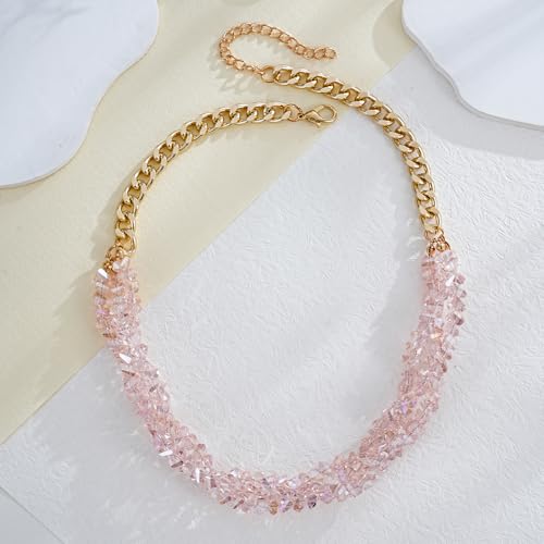 Crystal Statement Necklace with Gold Chain, Black and Clear Crystal Clusters, Chunky Curb Link Design, Fashion Jewelry for Women - color: Pink