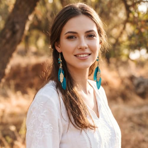 FRESHME Native American Earrings for Women - Ethnic Boho Feather Dangle Jewelry with Tessel for Birthday Party Photoshoot - color: Blue