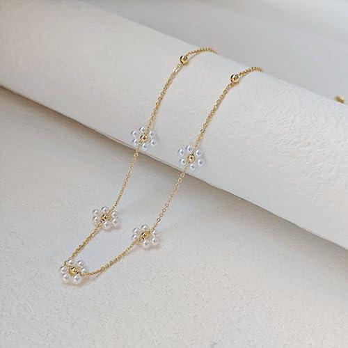OGD Gold Pearl Necklace Set for Women 14K Plated Layered Daisy Choker Gift - color: Gold Daisy Pearl-1PCS