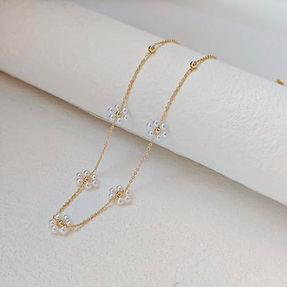 OGD Gold Pearl Necklace Set for Women 14K Plated Layered Daisy Choker Gift - color: Gold Daisy Pearl-1PCS