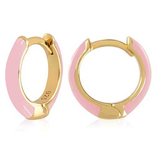 14K Gold Plated Sterling Silver Enamel Color Huggie Hoop Earrings for Women – Wide Range of Vibrant Color Options Available - color: Pink ( Light )