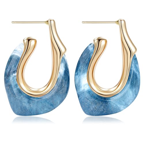 Resin Gold Hoop Earrings Chunky Statement Acrylic Huggie Dangle Fun Jewelry | Colorful Summer Hypoallergenic Drop U Hoops Boho Cute Western Vintage Unique Funky Beach Vacation Outfits for Women Trendy - color: Navy Blue, size: Hoop
