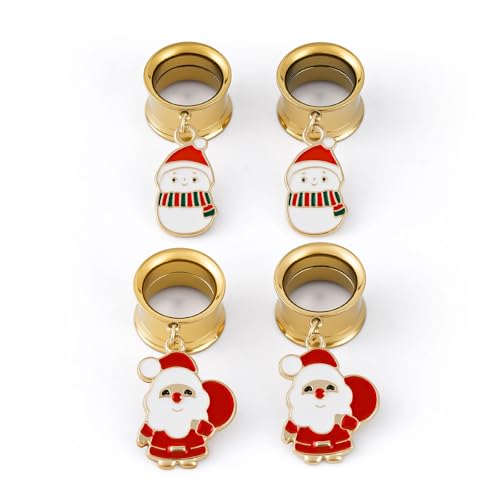 ERKUOO 4PCS Christmas Ear Tunnels Set Stainless Steel Double Flare Gold Tone Plug Gauges with Santa Snowman Reindeer Candy Cane Dangle Charms Holiday Stretching Jewelry Gift for Women Men 6mm-25mm - color: Snowman & Santa Set, size: 10mm