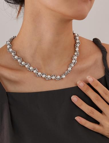 Pearl Chain Necklace for Women, Valentine's Day Mother's Day Jewelry Gifts for Her, White Silver Gold Plated Stainless Steel Link Faux Beads, Bridal Wedding Anniversary Birthday Christmas