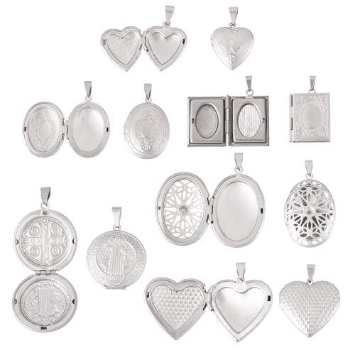 6Pcs 316 Stainless Steel Locket Pendants Heart Oval Flat Round Rectangle Photo Frame Charms Silver Locket Charms for Necklaces DIY Memorial Necklace Making - color: Golden Color, 6 Styles