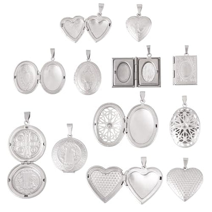 6Pcs 316 Stainless Steel Locket Pendants Heart Oval Flat Round Rectangle Photo Frame Charms Silver Locket Charms for Necklaces DIY Memorial Necklace Making - color: Golden Color, 6 Styles