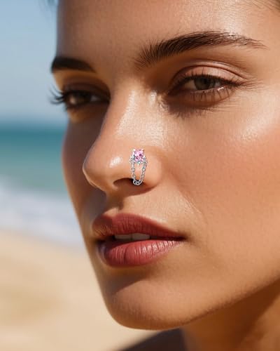 BSJ4U Nose Rings L Shaped for Women Nose Piercings 20G Surgical Stainless Steel Nose Studs CZ Heart Butterfly Flower Cherry Bow Moon Dangle Nose Piercing Jewelry - color: Silver Pink Nose Rings