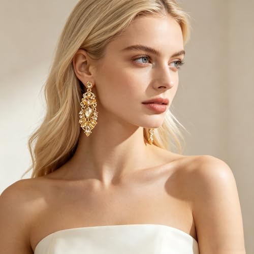 Rhinestone Drop Earrings for Women Chunky Gold Crystal Teardrop Earrings Statement Wedding Party Prom Bridal Jewelry - color: Gold