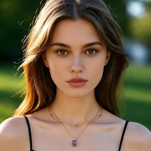 Birthstone Layered Pendant Paperclip Necklace 18k Gold Plated Heart Choker Chain Necklace Emerald Cut Jewelry Birthday Gift for Women - color: Emerald-Cut Amethyst